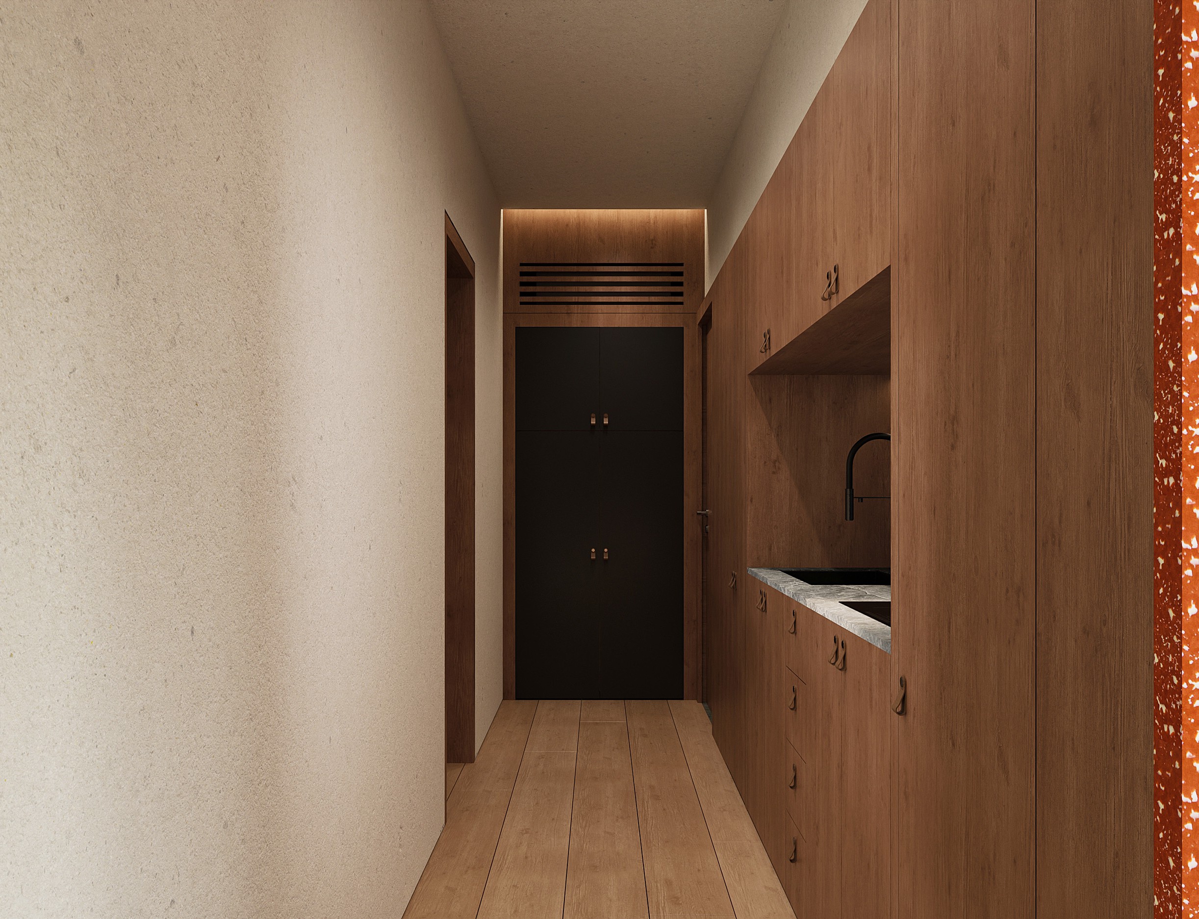 Moon Building hallway wrapped in tropical landscaping.