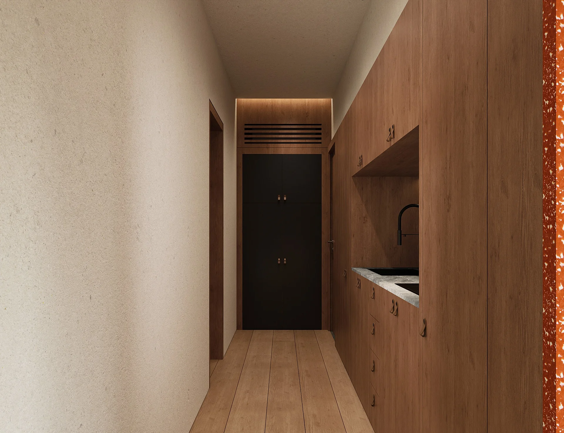 Moon Building hallway wrapped in tropical landscaping.