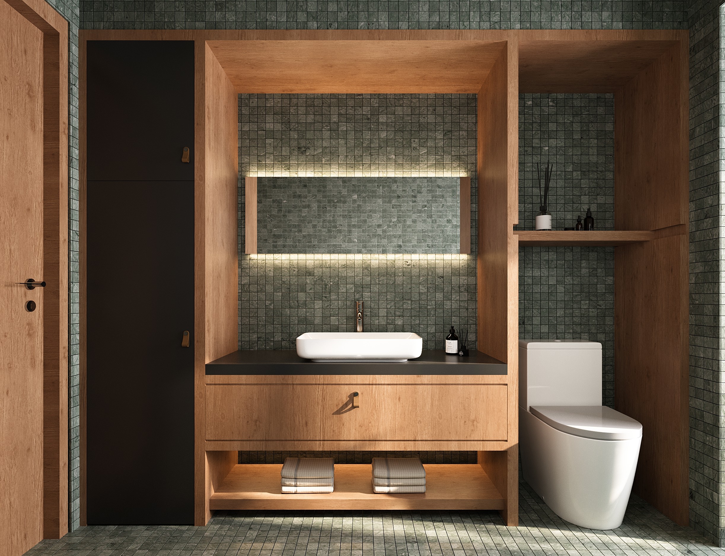 Moon Building exterior with palm-lined approach.