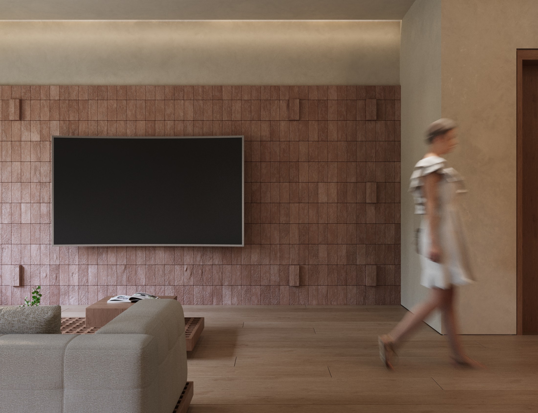 Type E lounge hall focusing on built-in cabinetry.