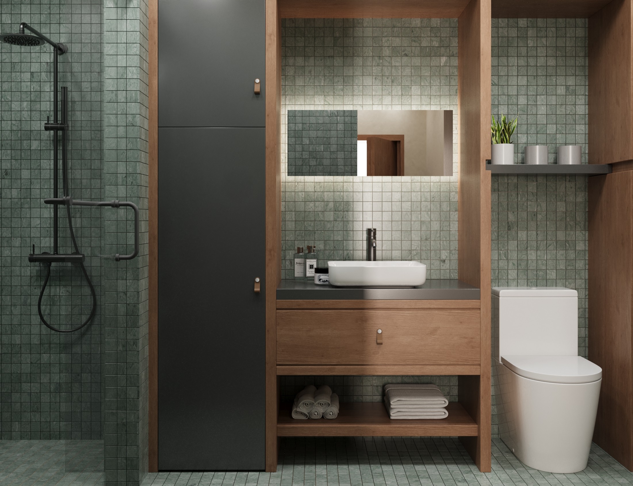 Moon Building exterior perspective with palm-lined approach.